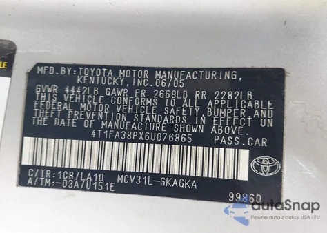 2006 Toyota Camry Solara Sle z USA, uszkodzony, nr VIN 4T1FA38PX6U076865